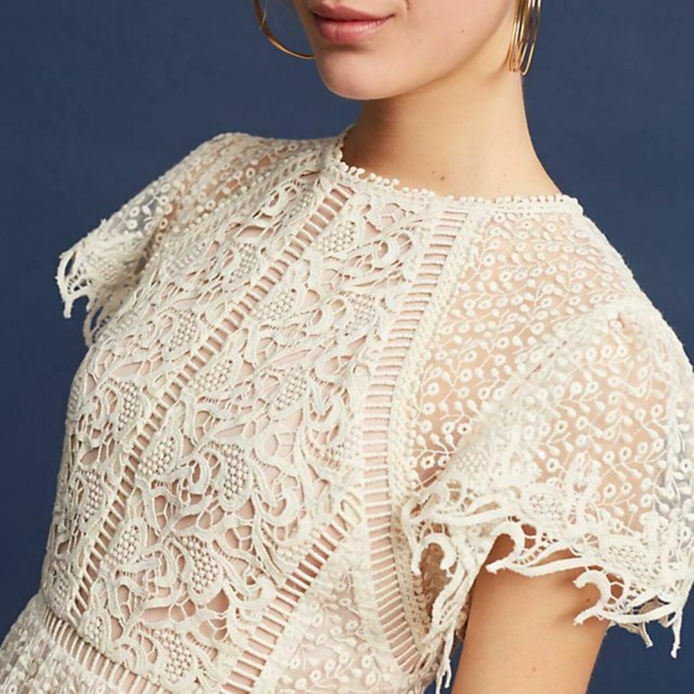 Anthropologie Ranna Gill Larissa Lace Dress Cream Ivory Short Sleeve, Sz Small - Picture 1 of 12